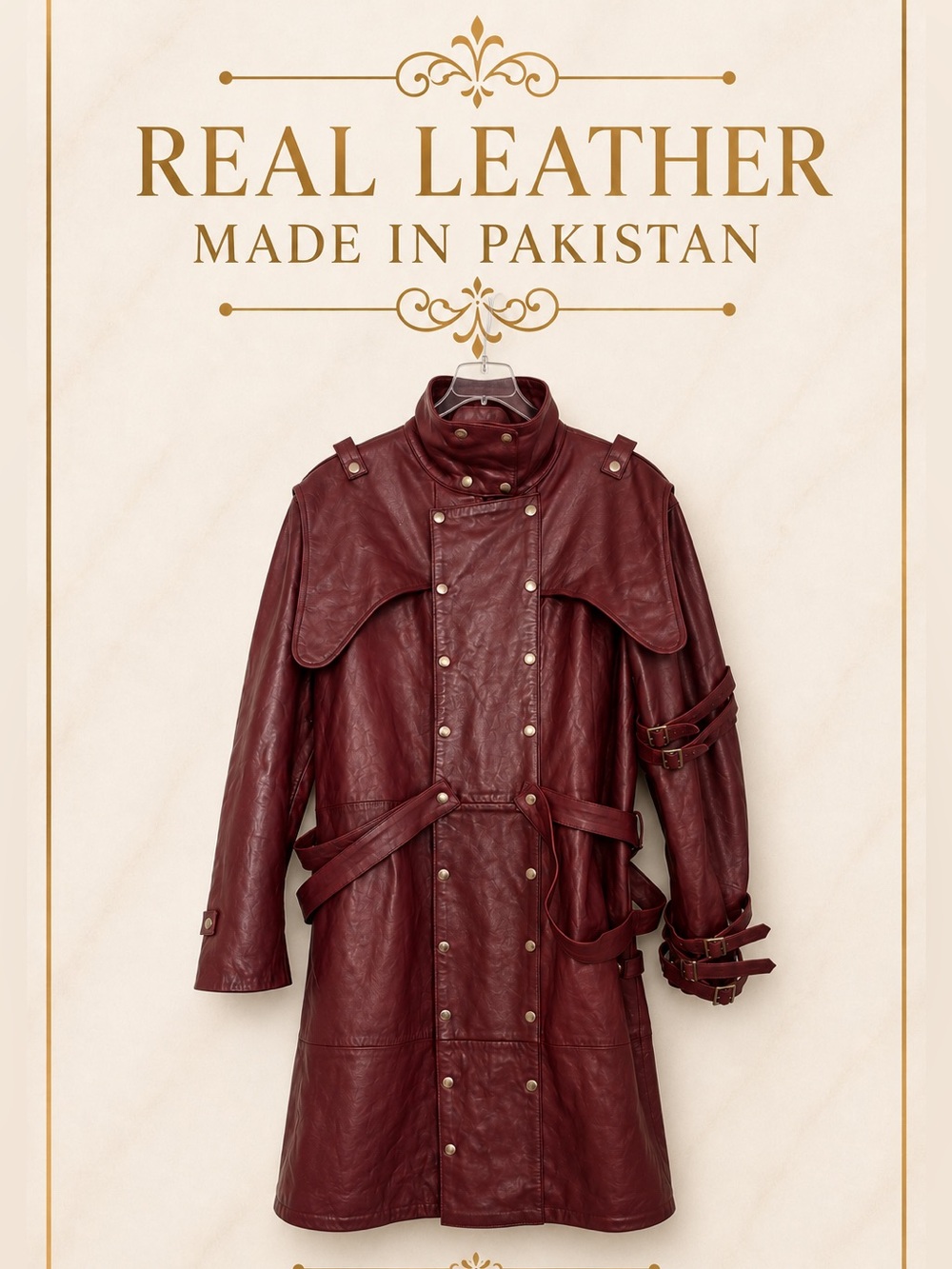 Real Leather Burgundy Genuine Leather Trench Coat🔥